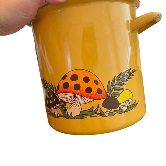 Vintage Sears Merry Mushroom Yellow Stock Pot Enamel w/ Lid 1970 Retro MCM - Picture 5 of 10